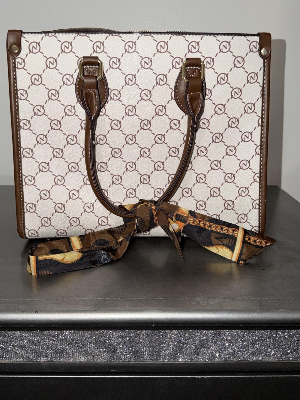 Brown & Cream Patterned Tote Bag with Scarf Accent